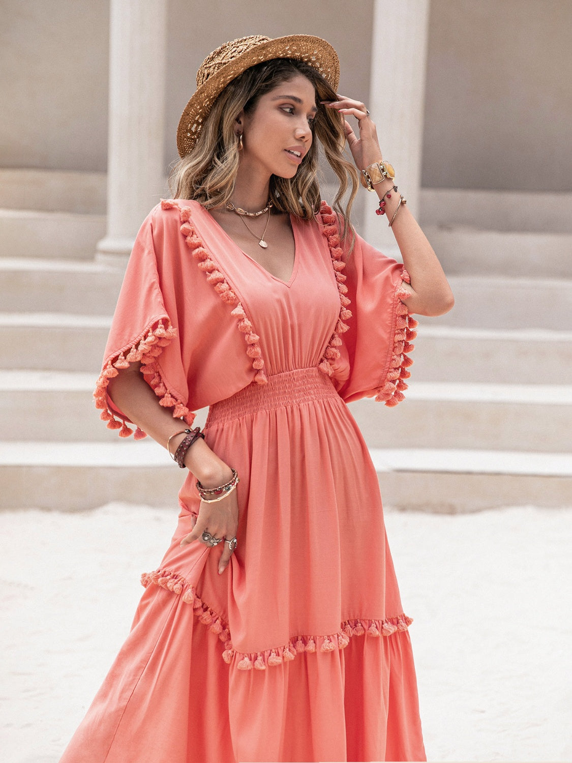 Tassel Trim Smocked V-Neck Short Sleeve Dress 