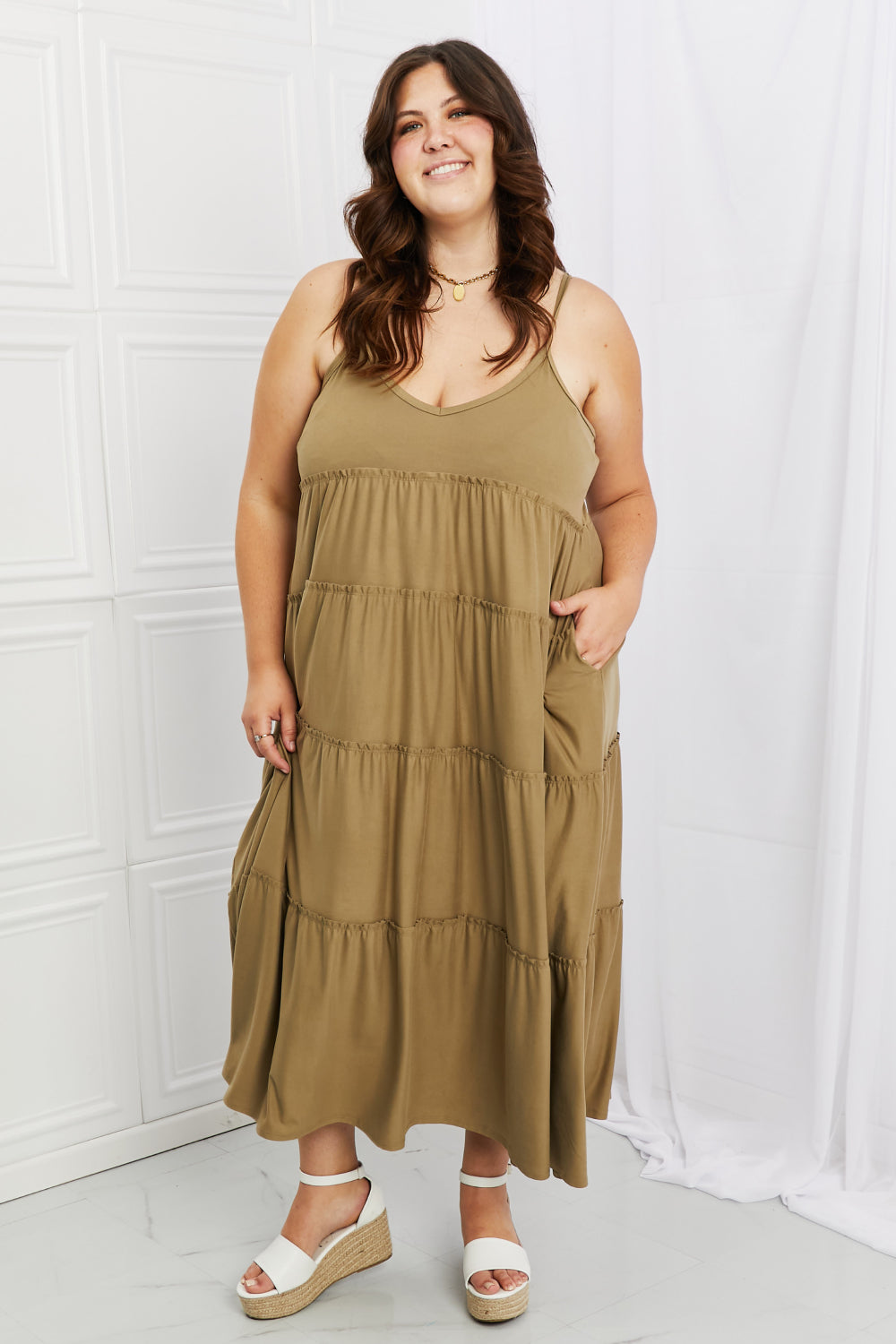 Zenana Full Size Spaghetti Strap Tiered Dress with Pockets in Khaki 