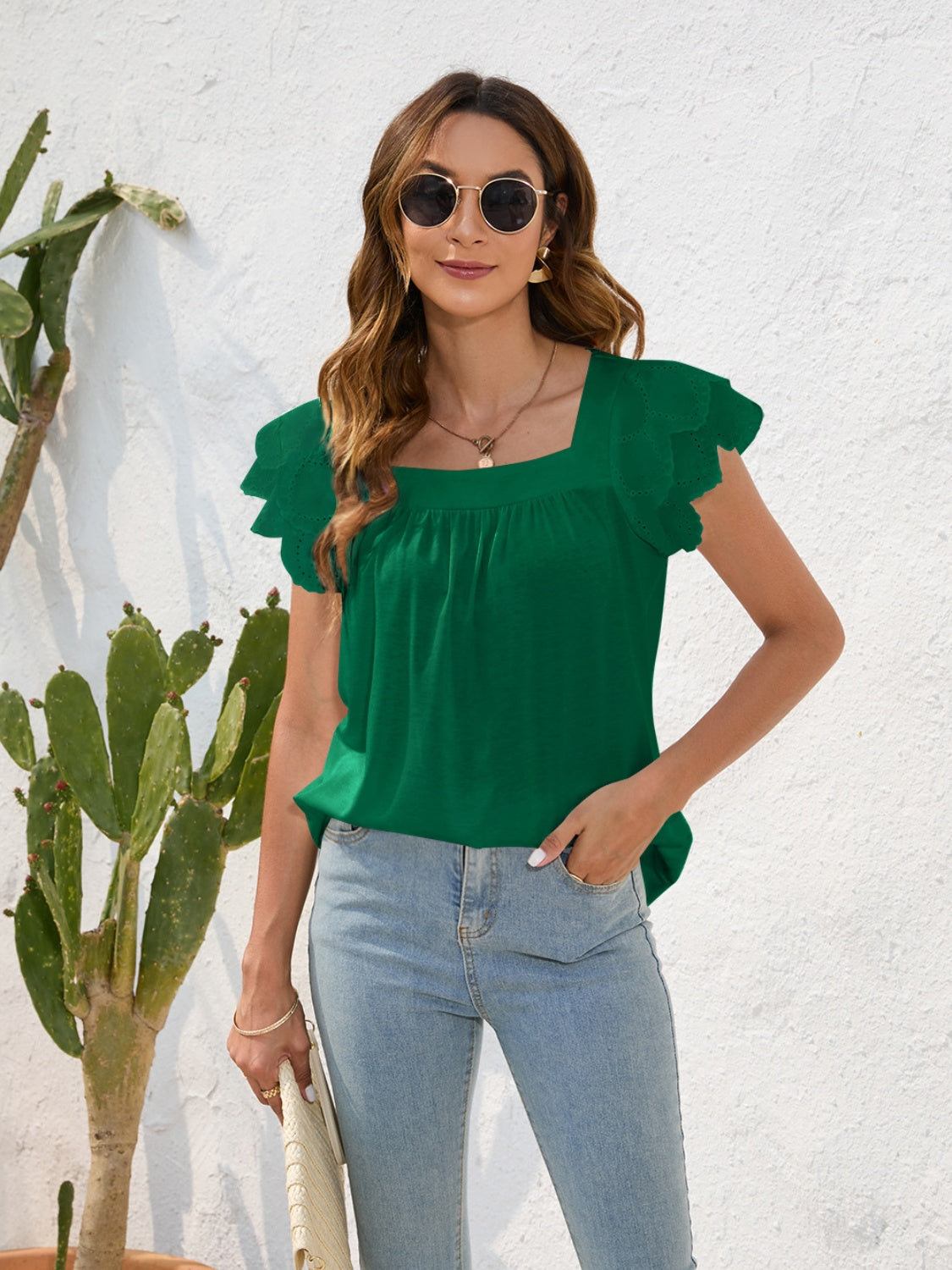 Ruffled Square Neck Cap Sleeve Blouse 