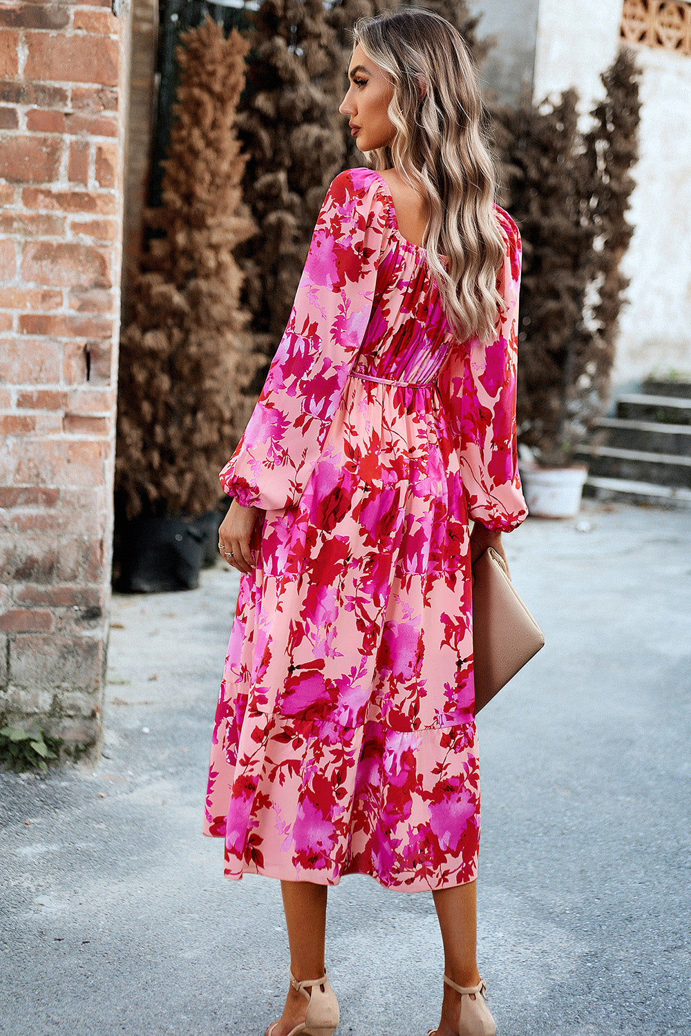 Printed Balloon Sleeve Midi Dress 