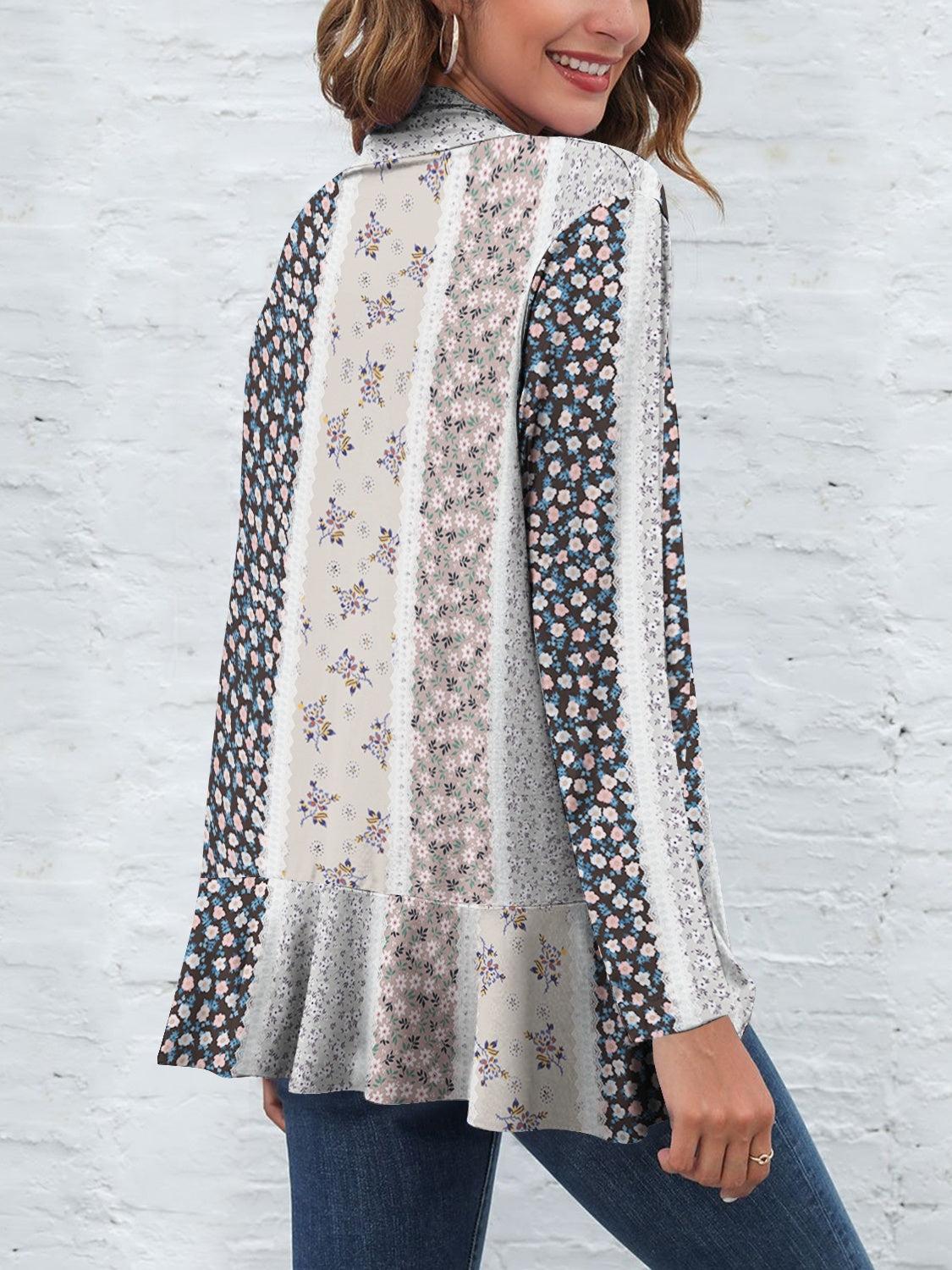 Printed Open Front Long Sleeve Cardigan 