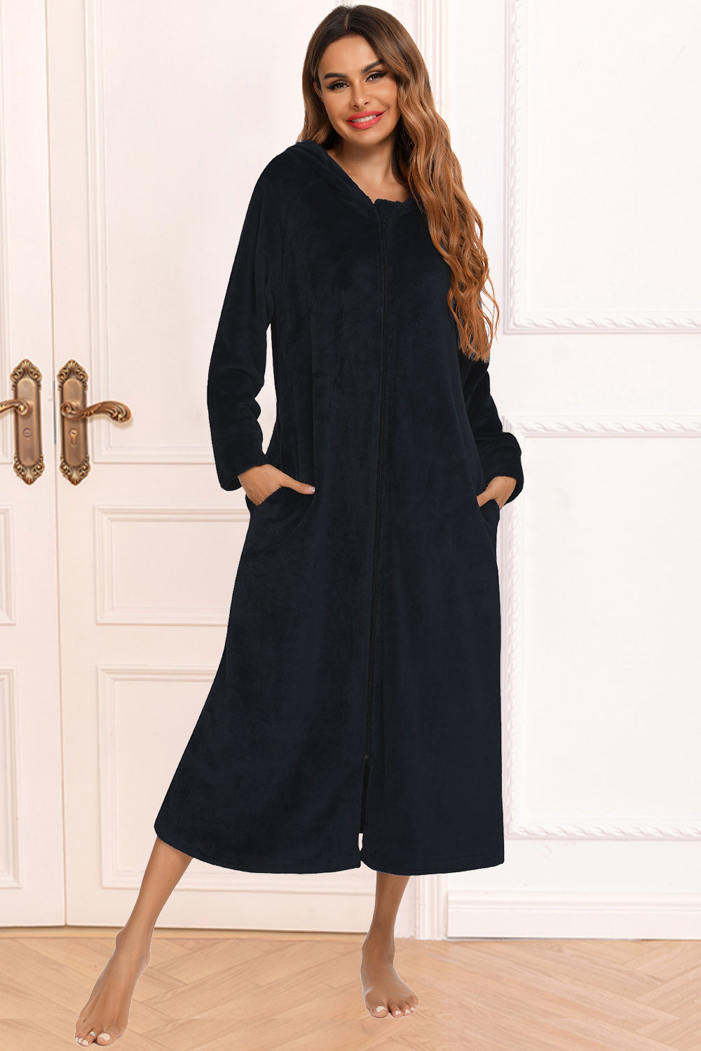 Zip Front Hooded Night Dress with Pockets - Babbazon Midi Dress