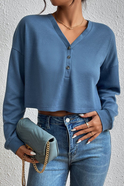 Cropped V-Neck Raglan Sleeve Buttoned Blouse 