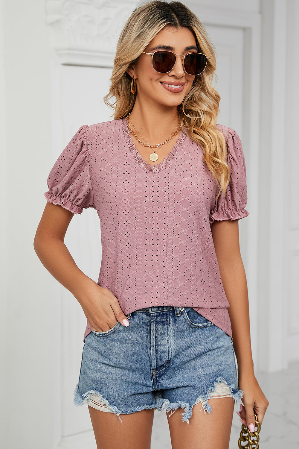 Eyelet V-Neck Short Sleeve Top