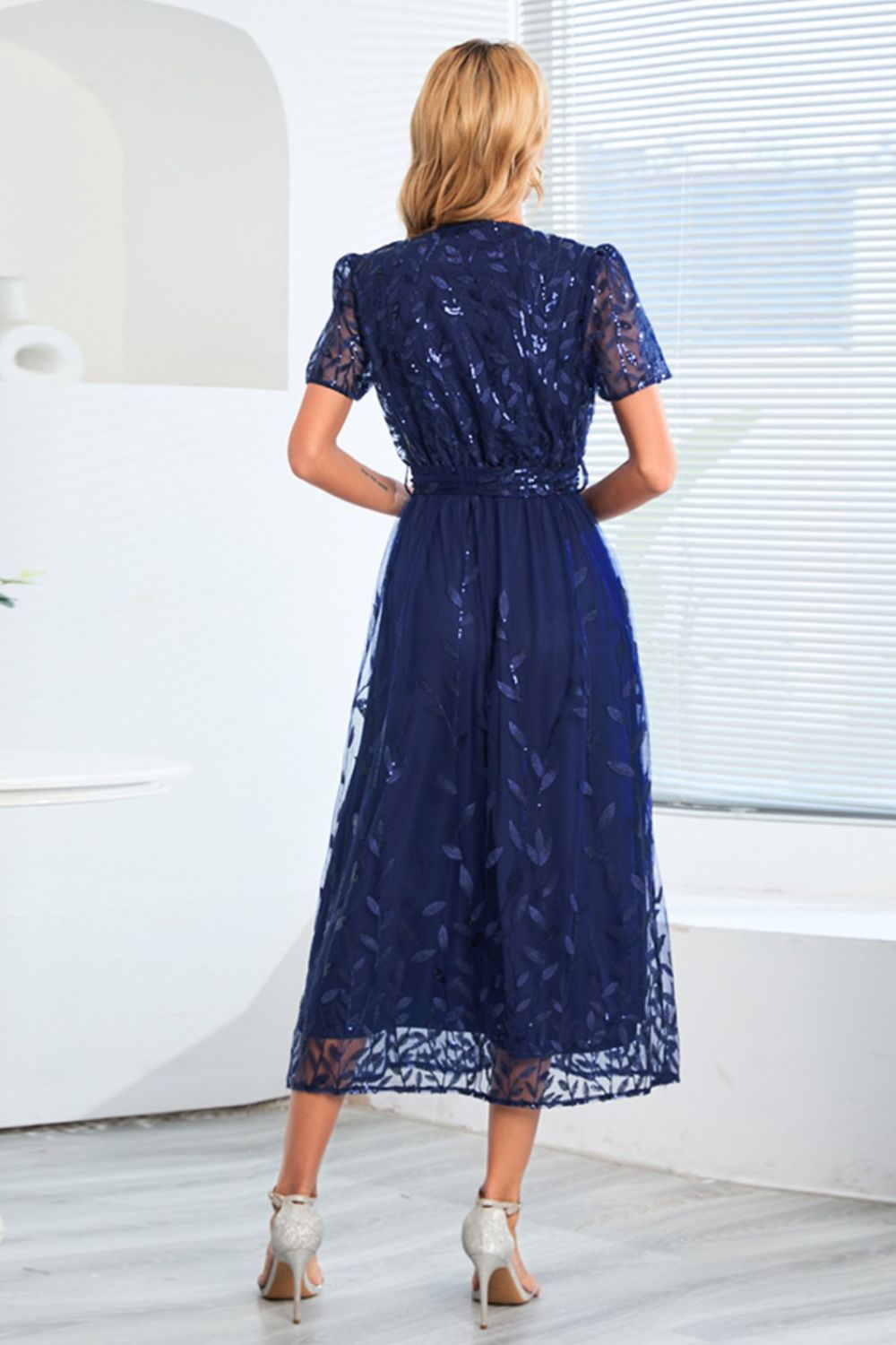 Sequin Leaf Embroidery Tie Front Short Sleeve Dress 