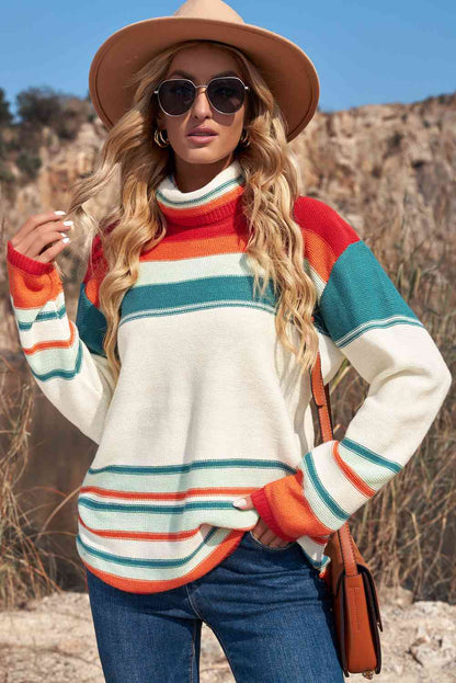 Woven Right Striped Turtleneck Drop Shoulder Sweater 