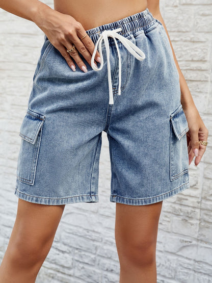 Drawstring Denim Shorts with Pockets 