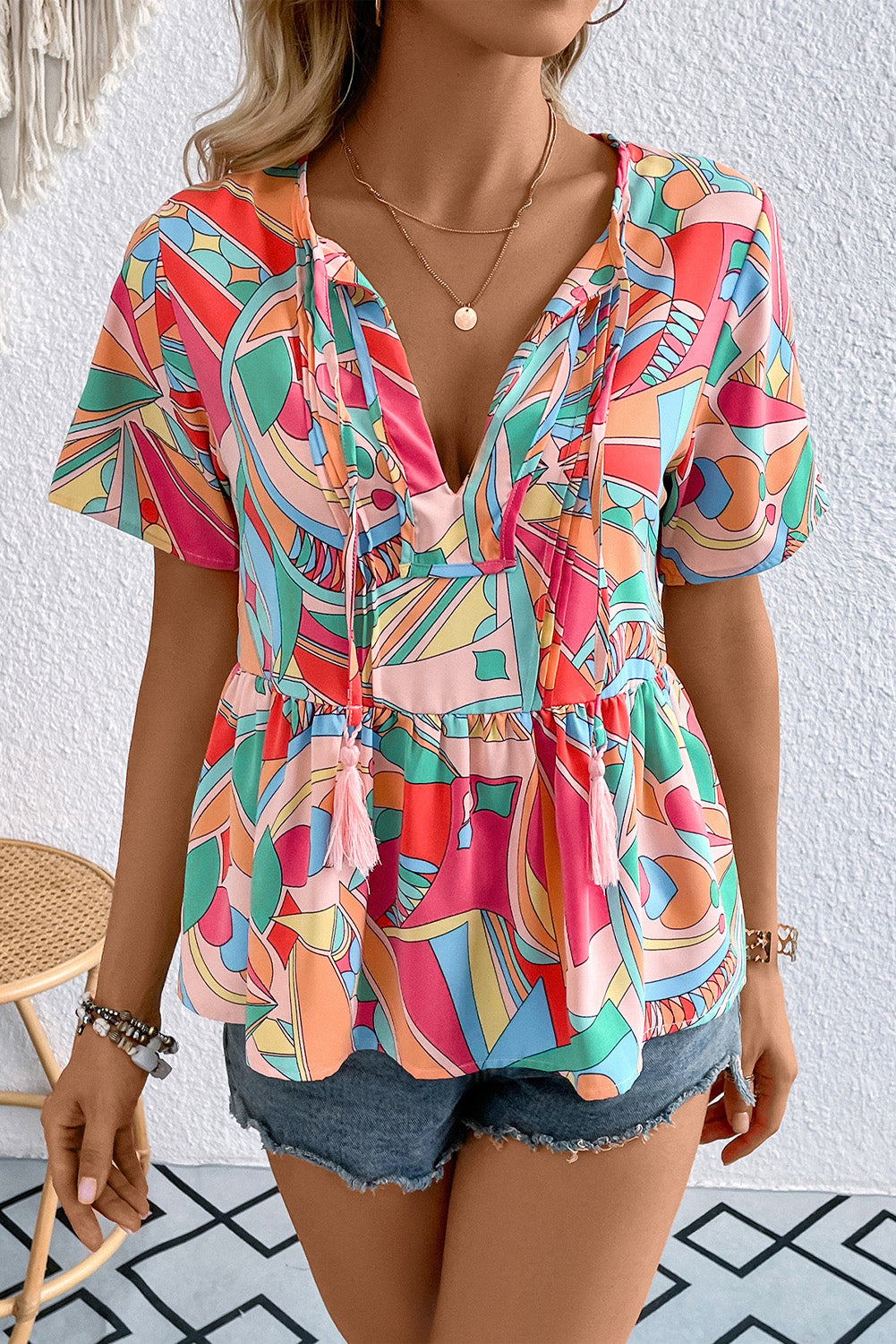 Printed Tie Neck Short Sleeve Blouse - Babbazon blouse