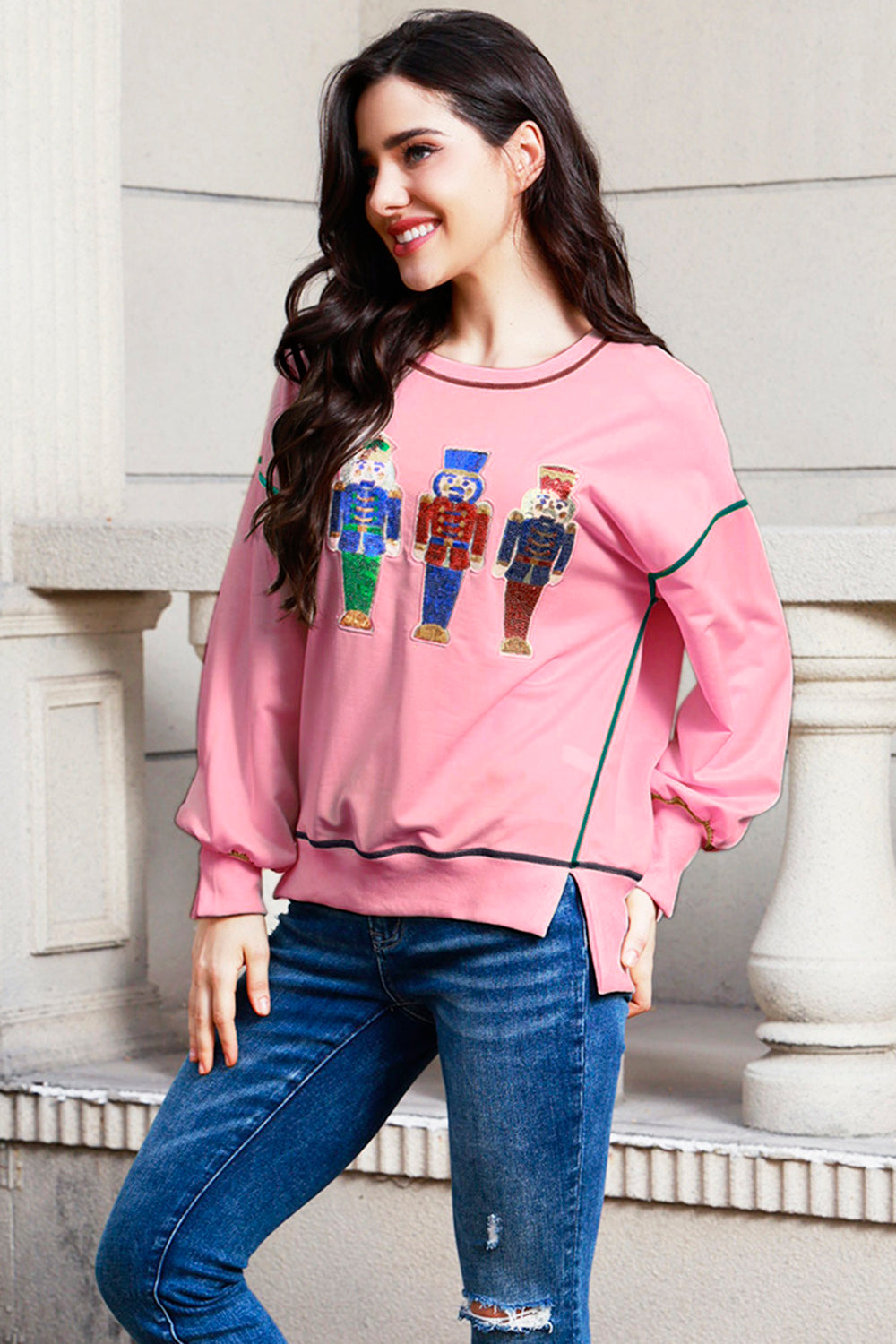 Sequin Nutcracker Round Neck Slit Sweatshirt 