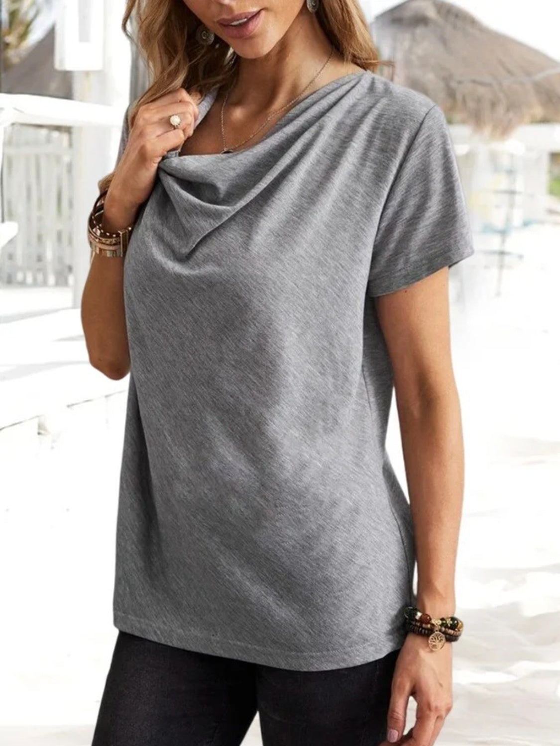 Cowl Neck Short Sleeve T-Shirt 