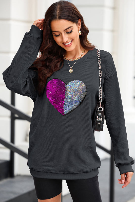 Heart Sequin Round Neck Sweatshirt - Babbazon sweatshirt