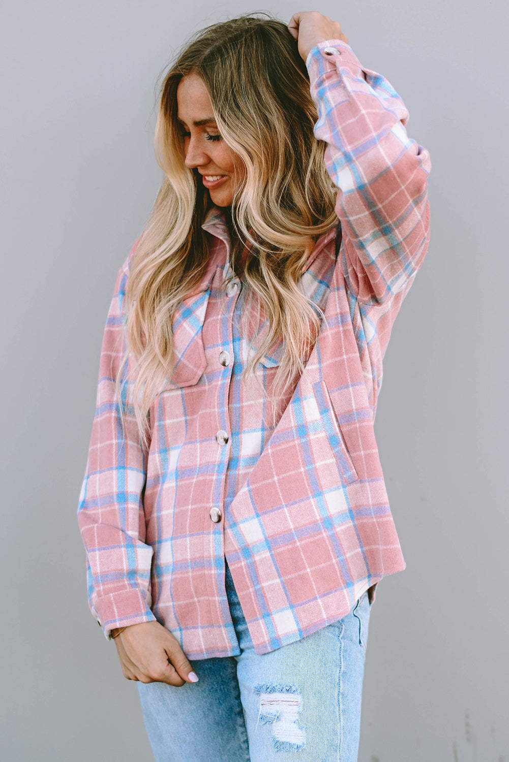 Plaid Pocketed Collared Neck Button Up Jacket 