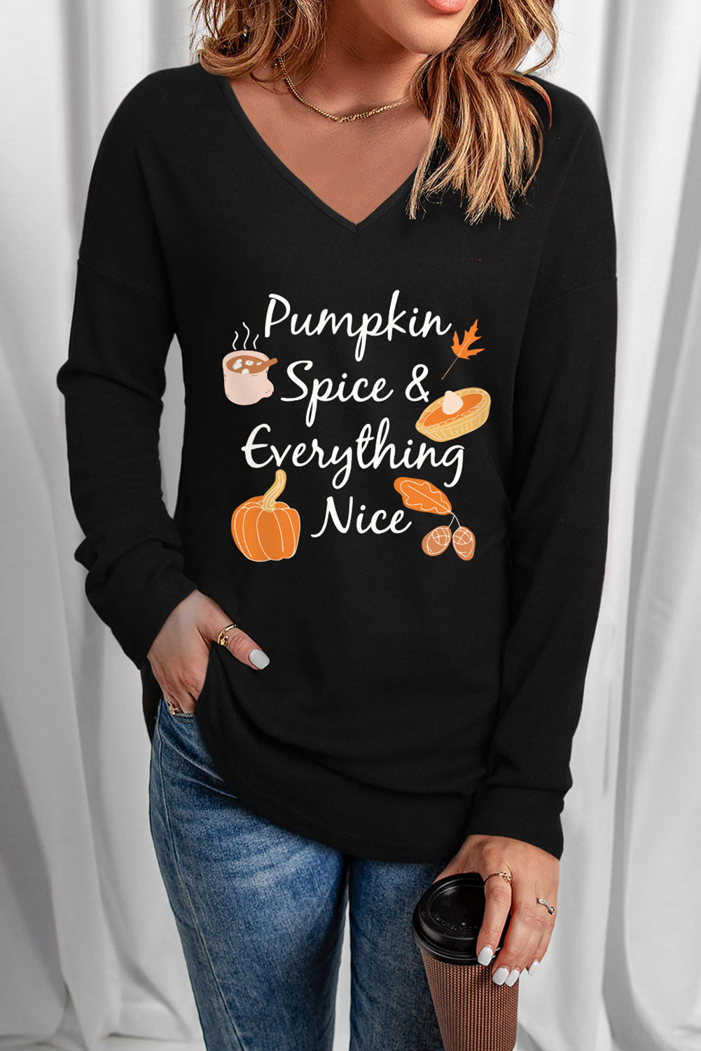 Fall Theme V-Neck Long Sleeve T-Shirt 