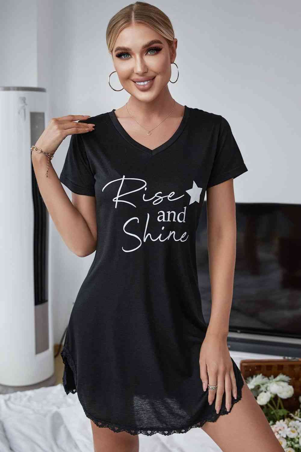 RISE AND SHINE Contrast Lace V-Neck T-Shirt Dress - Babbazon loungewear