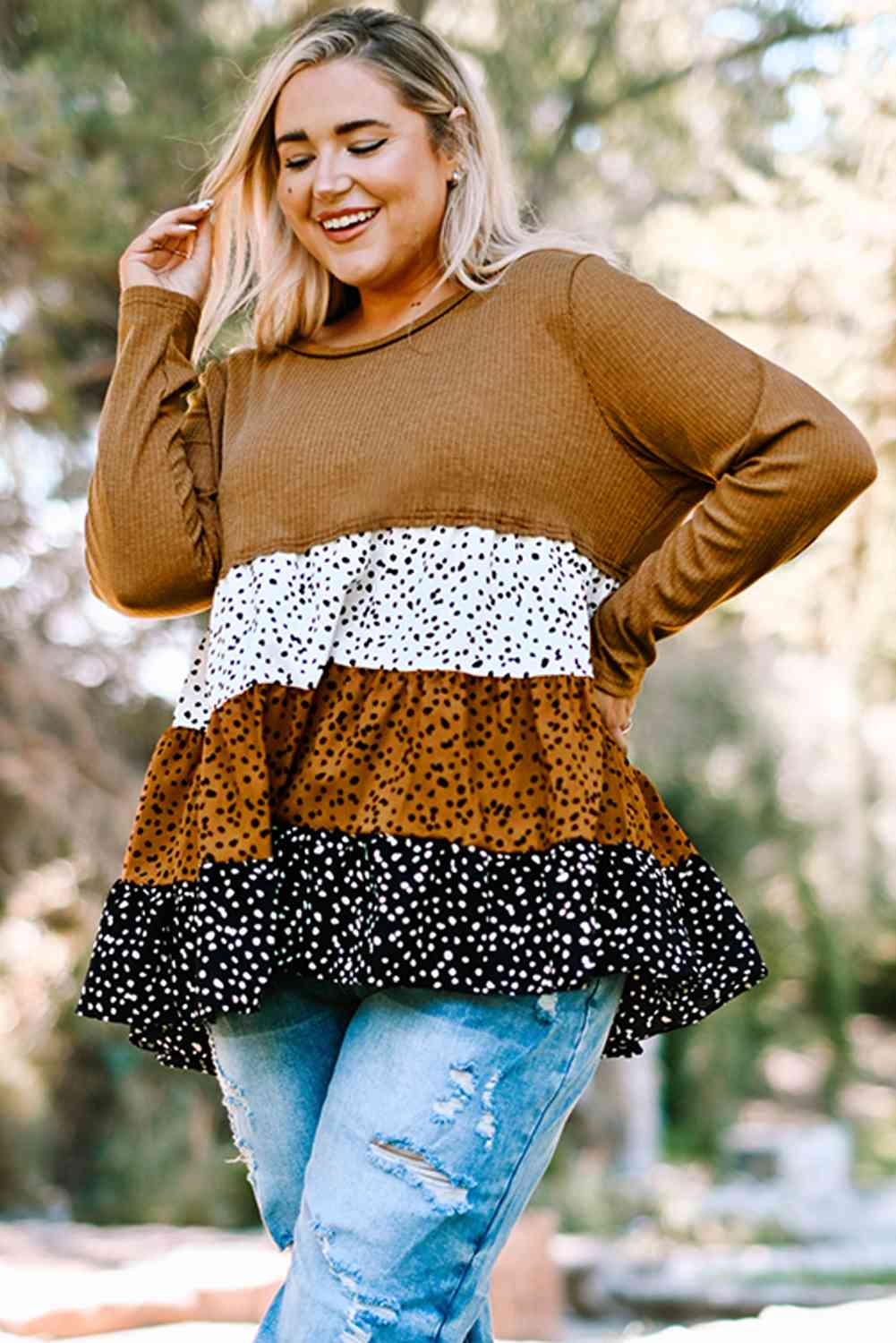 Plus Size Animal Print Color Block Ribbed Babydoll Top 