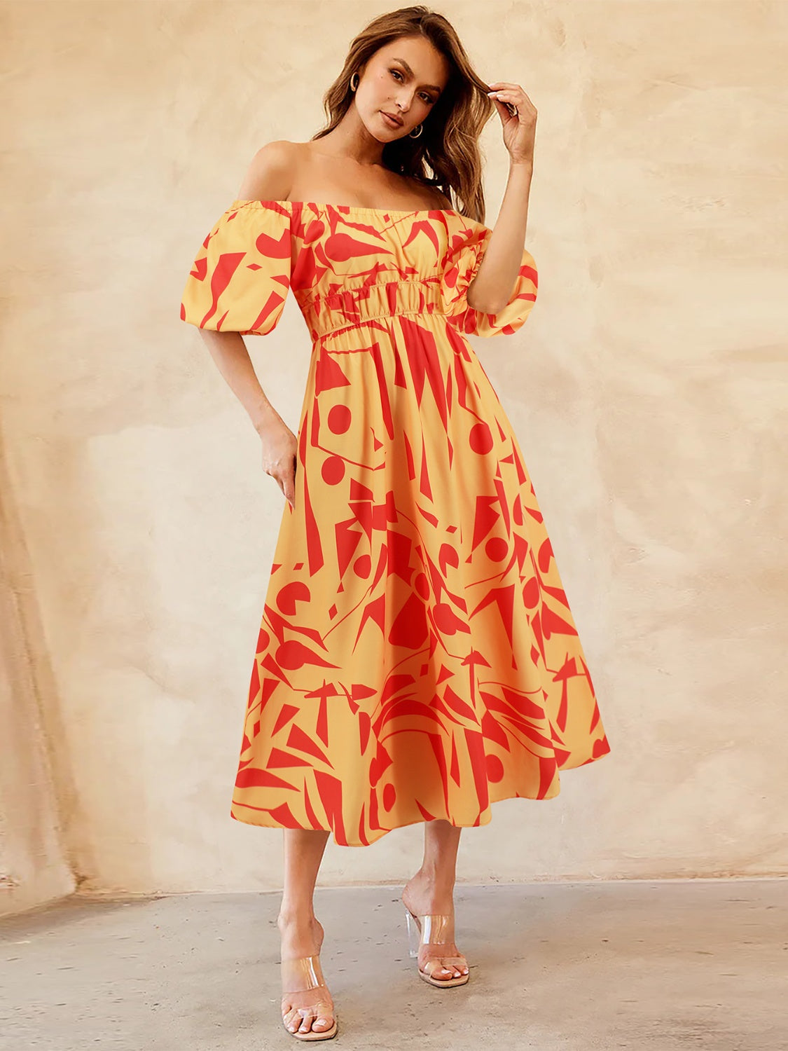 Printed Off-Shoulder Balloon Sleeve Dress - Babbazon Midi Dress