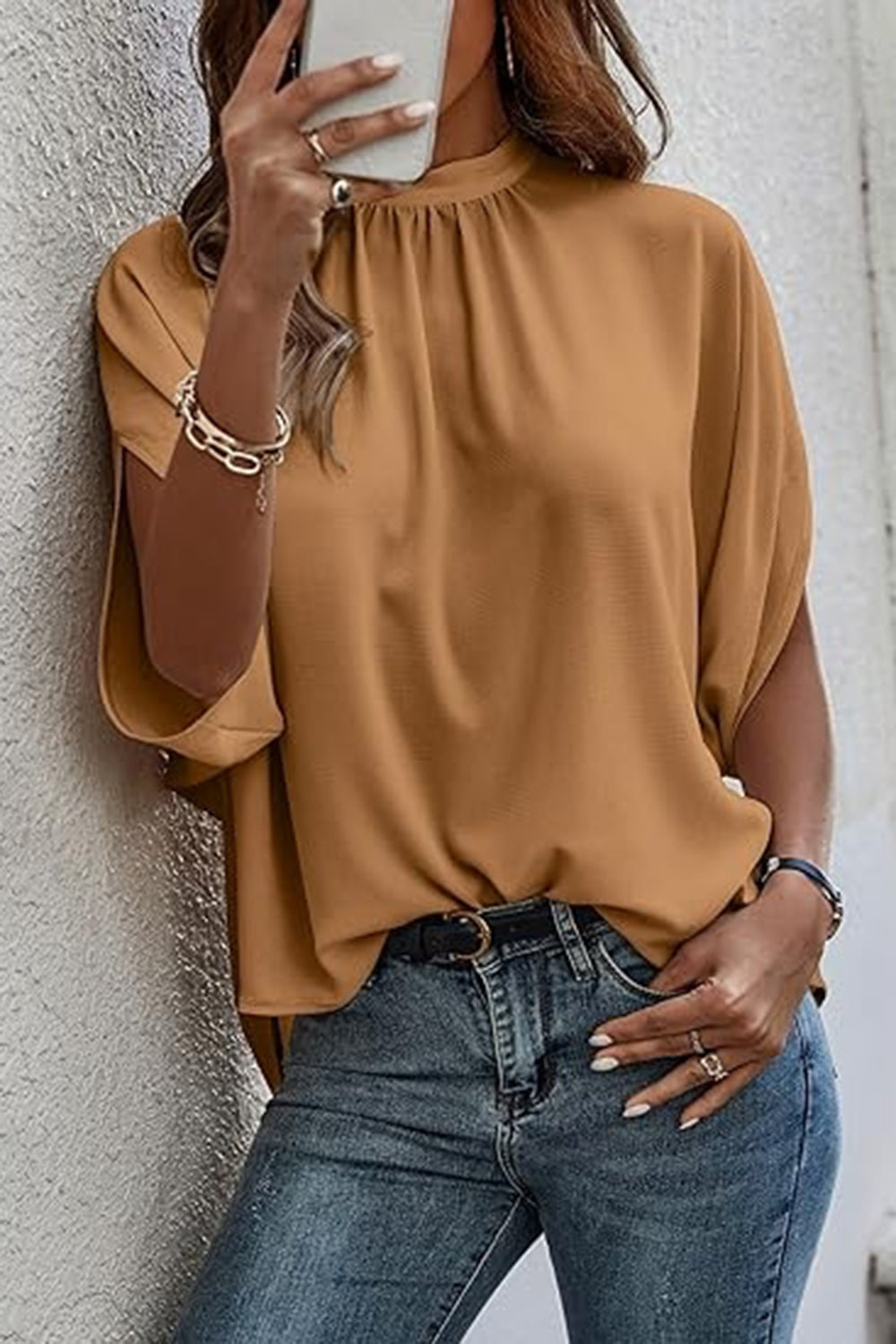 Tie Back Slit Half Sleeve Blouse - Babbazon Tops