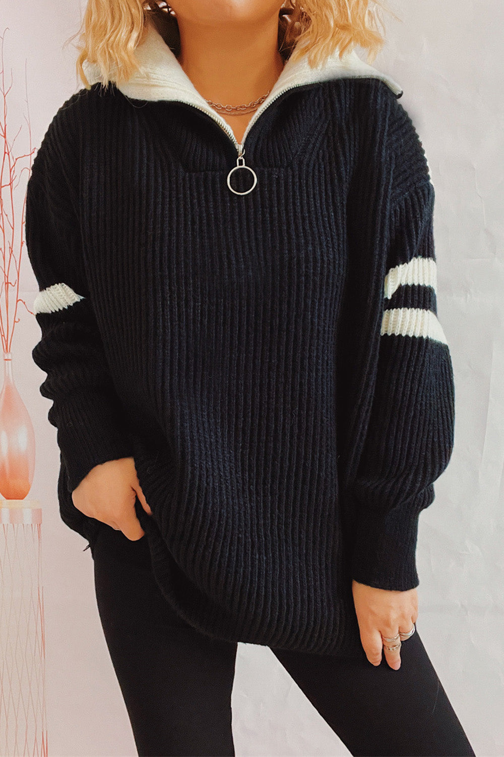 Quarter Zip Striped Dropped Shoulder Sweater 