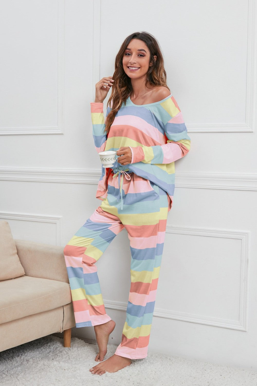 Striped Round Neck Long Sleeve Top and Drawstring Pants Lounge Set 