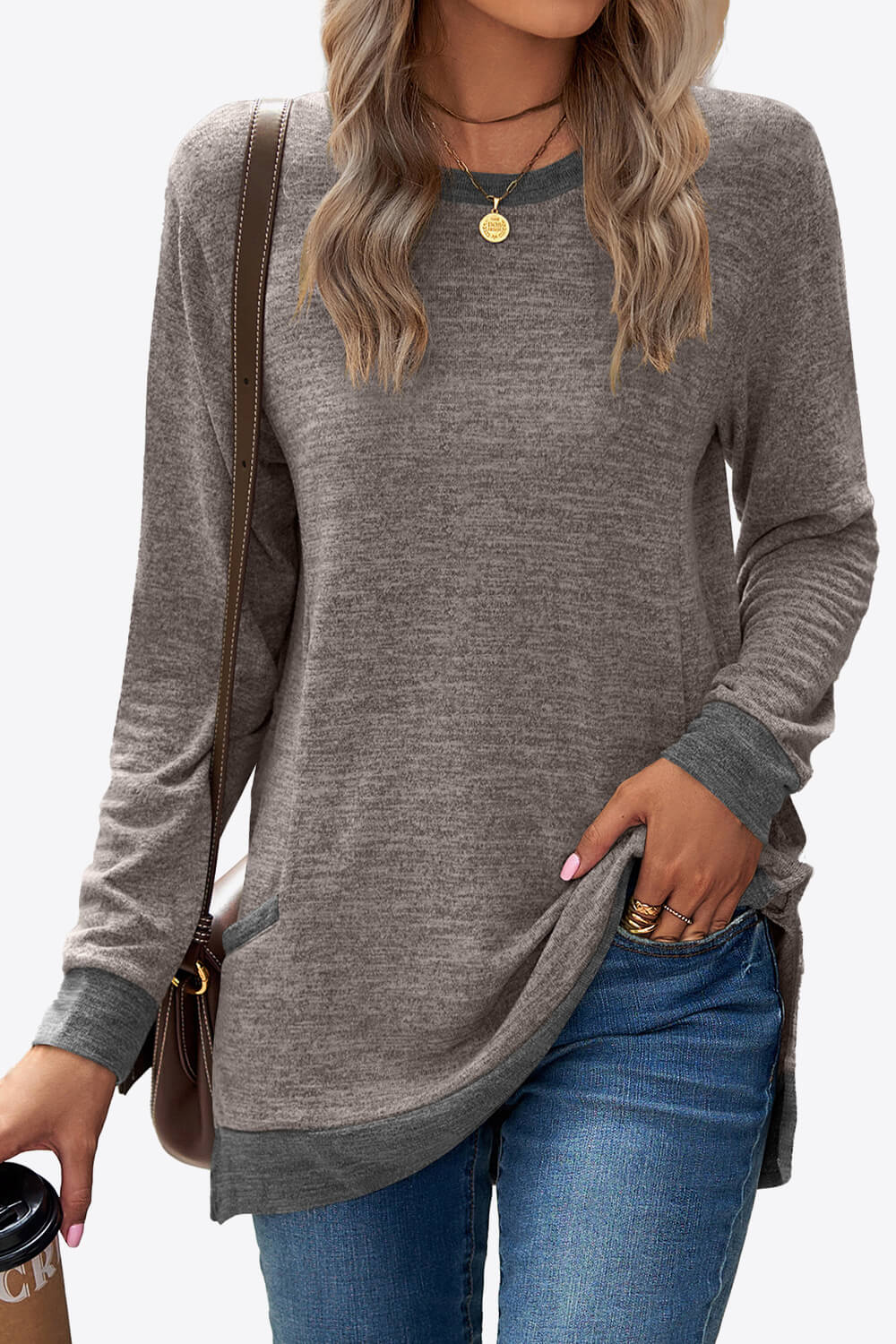 Heathered Slit Top with Pockets 