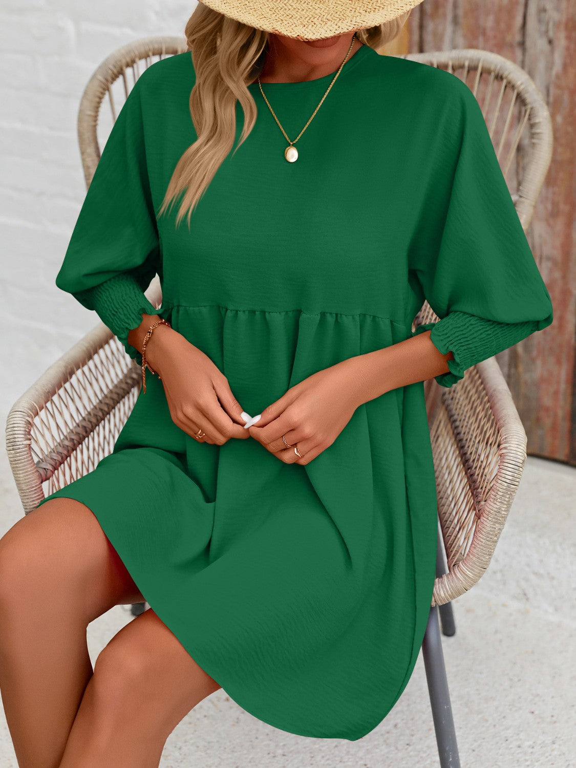 Round Neck Lantern Sleeve Mini Dress - Babbazon