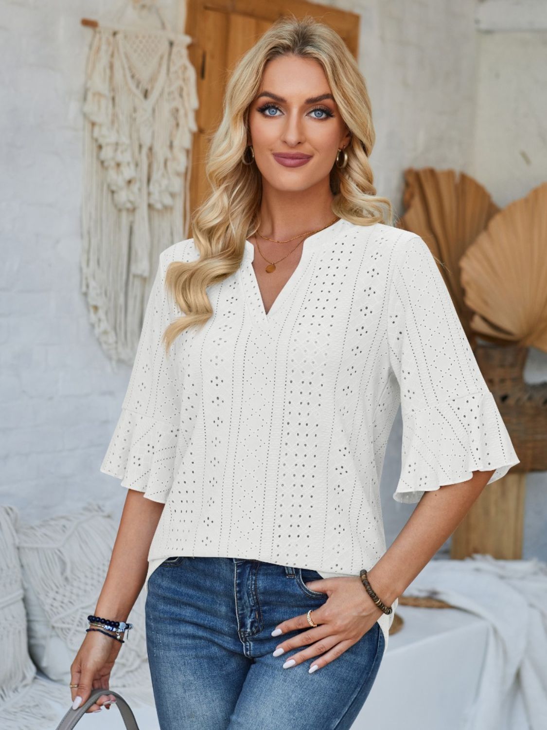 Eyelet Notched Half Sleeve T-Shirt 