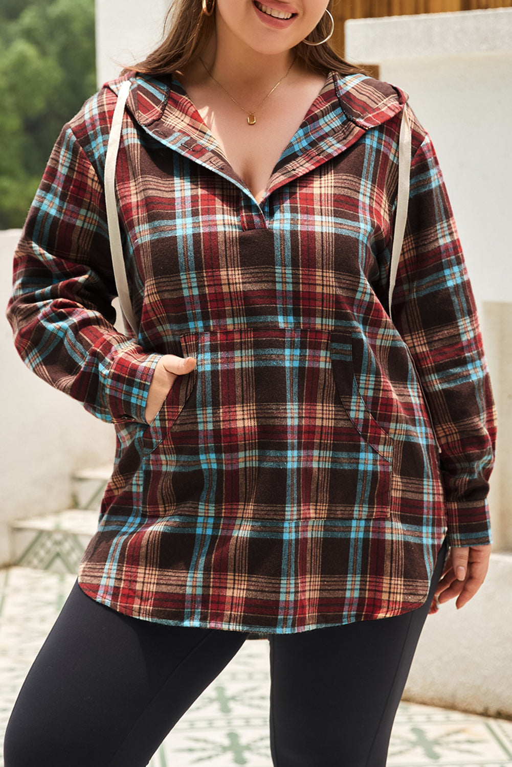 Plus Size Drawstring Plaid Quarter Button Hoodie 