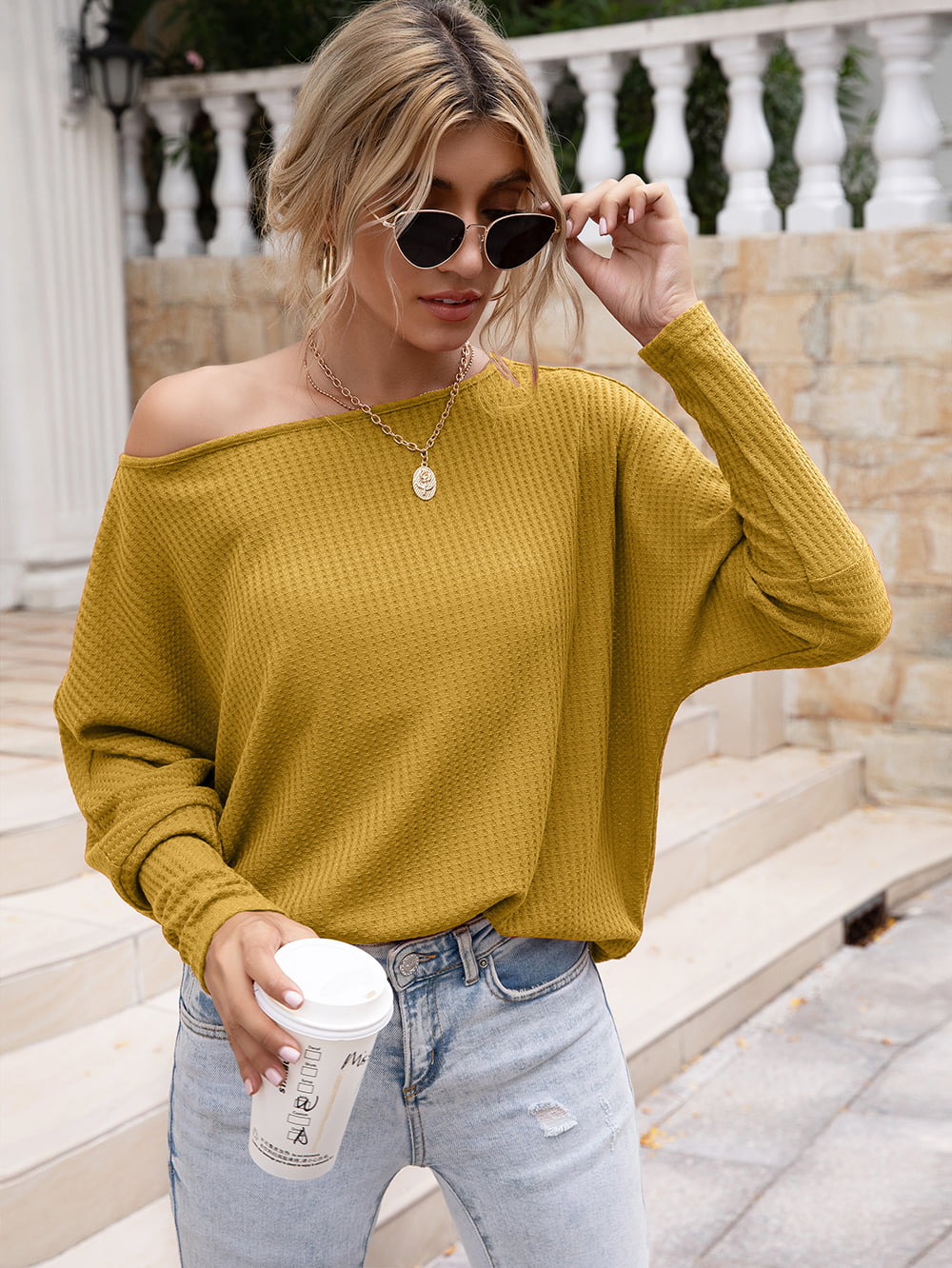 Waffle-Knit Boat Neck Long Sleeve Top 