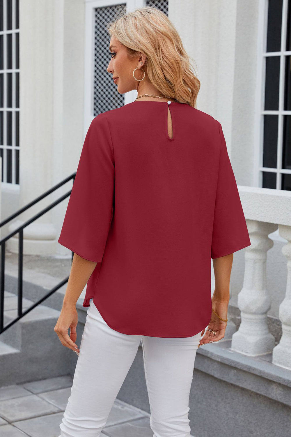 Round Neck Slit Half Sleeve Top 