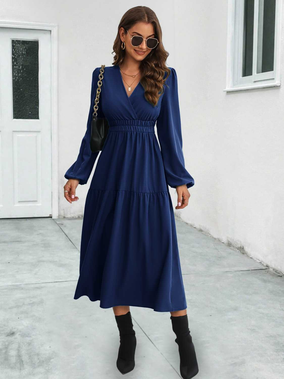 Surplice Neck Long Sleeve Midi Dress 