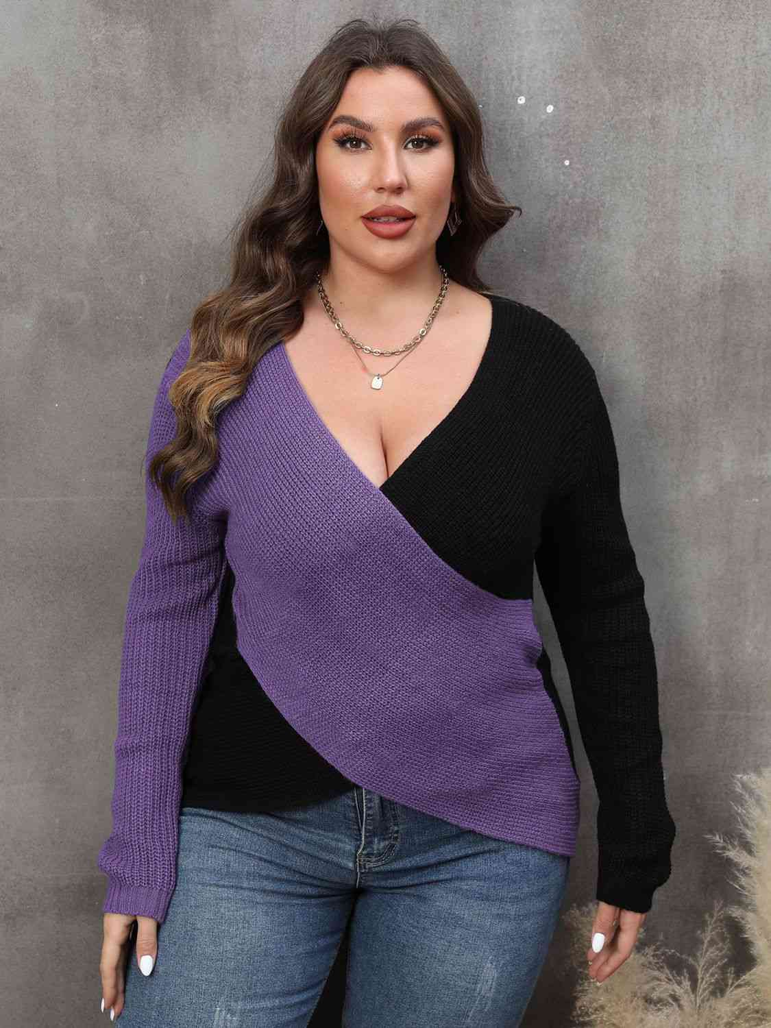 Plus Size Two-Tone Surplice Neck Sweater 