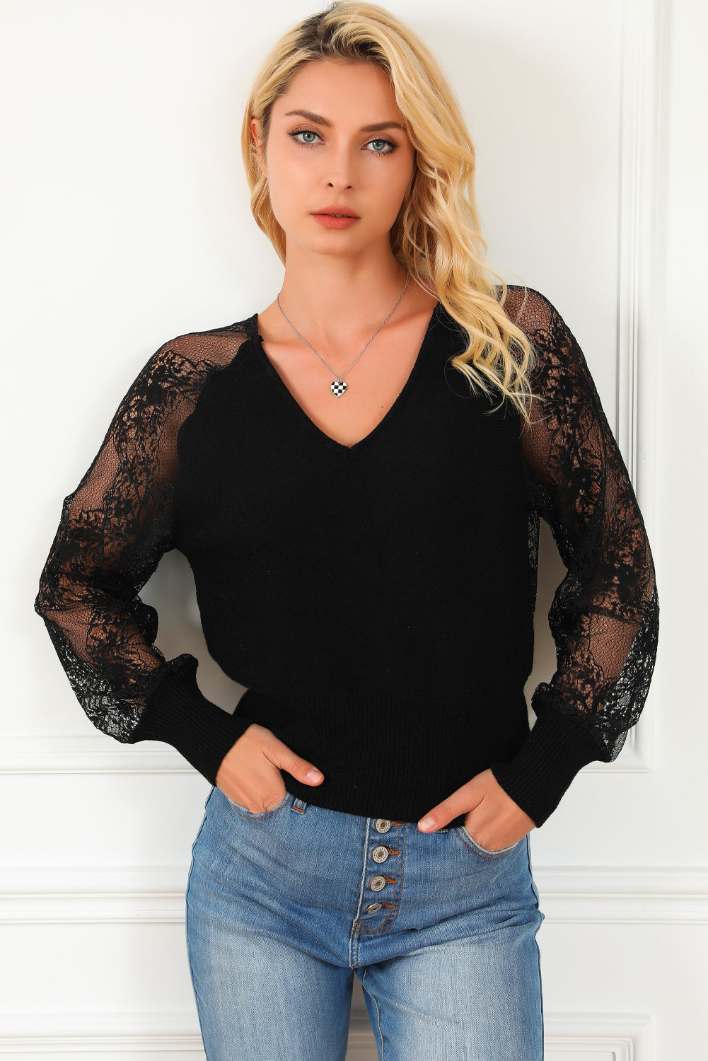 Ribbed Trim Lace Lantern Sleeve Knit Top 