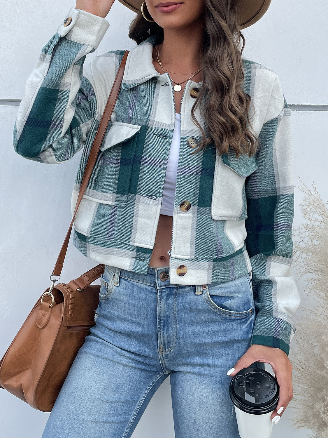 Plaid Button Up Drop Shoulder Cropped Jacket - Babbazon Jacket