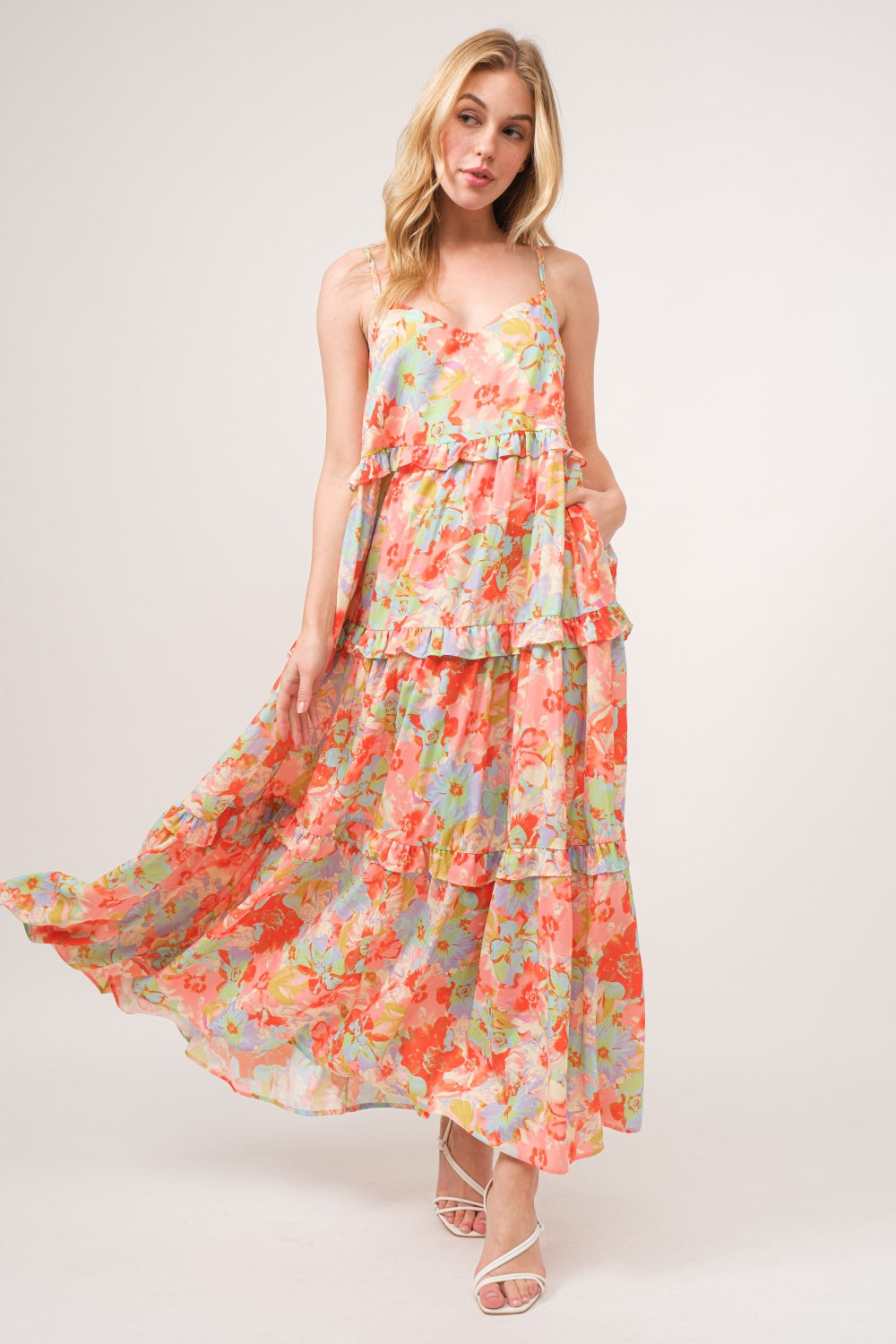 And The Why Floral Ruffled Tiered Maxi Cami Dress 