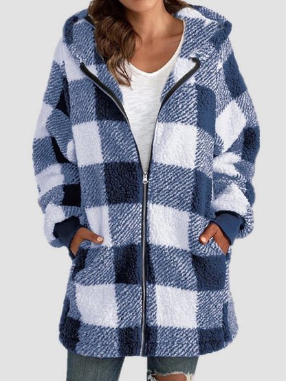 Plaid Zip Up Hooded Jacket with Pockets