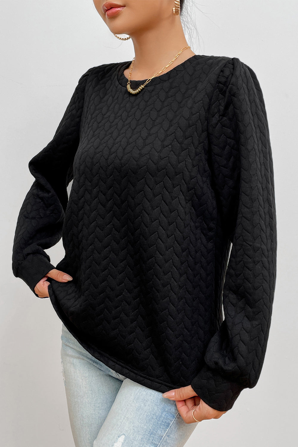 Texture Round Neck Long Sleeve Sweatshirt 