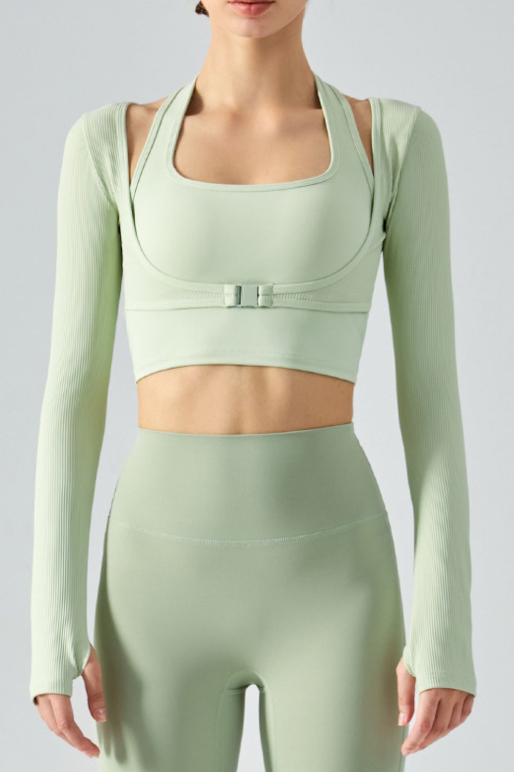 Ribbed Faux Layered Halter Neck Cropped Sports Top 