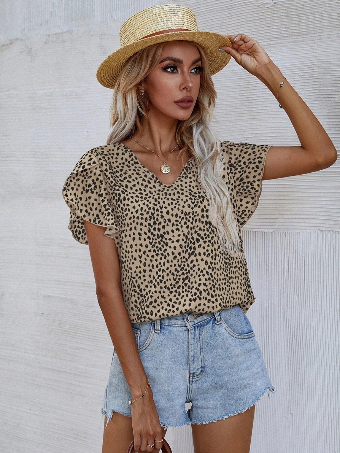 Printed V-Neck Petal Sleeve Blouse 