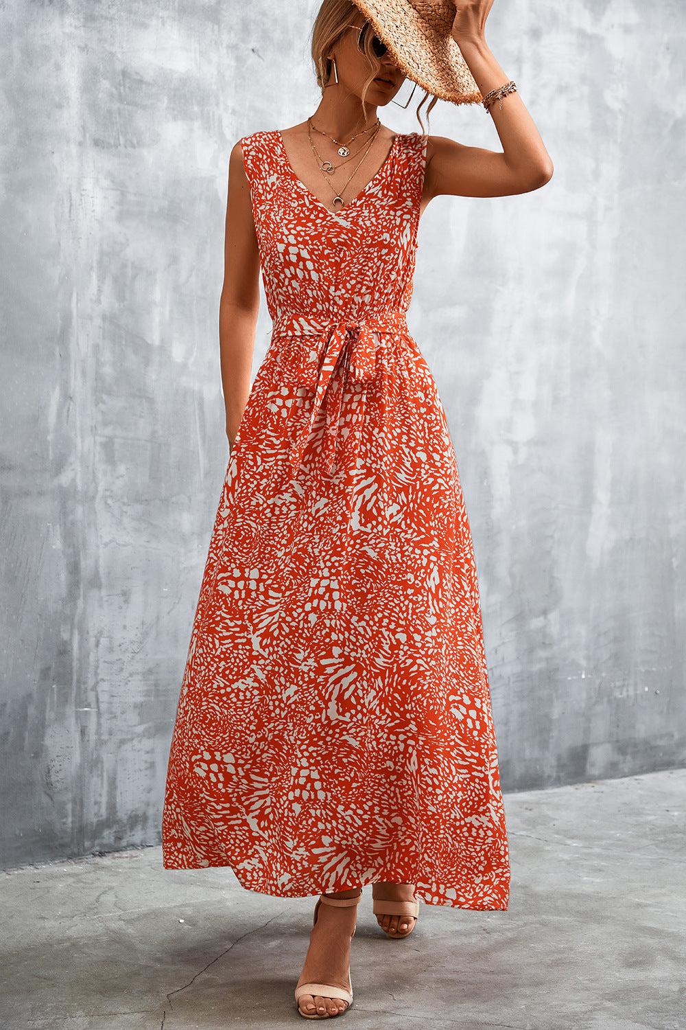 Printed V-Neck Tie Waist Maxi Dress 