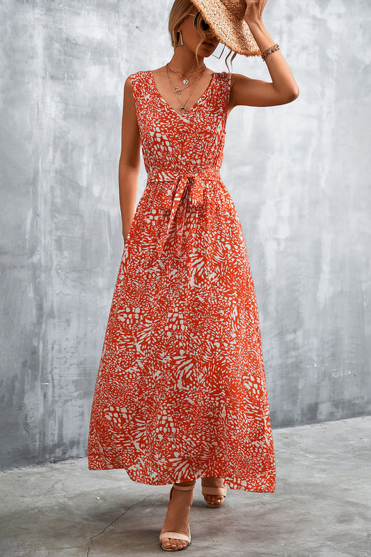 Printed V-Neck Tie Waist Maxi Dress 