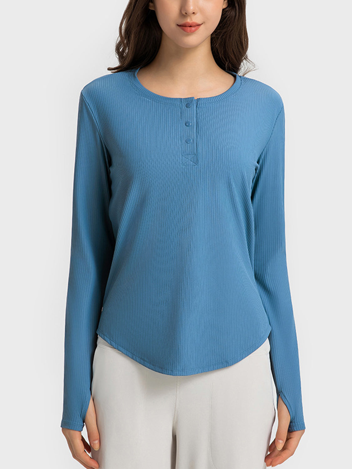 Round Neck Long Sleeve Sport Top - Babbazon Tops