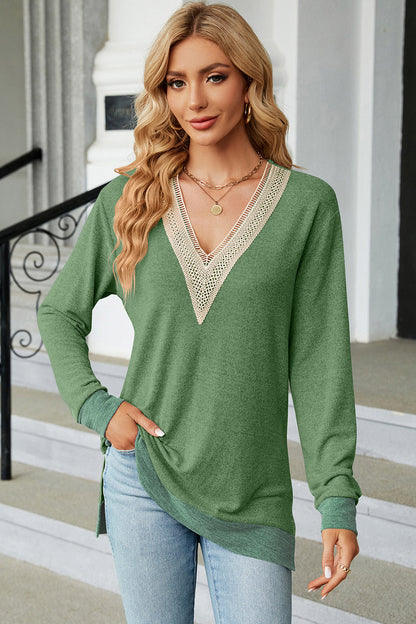 Slit V-Neck Long Sleeve T-Shirt 