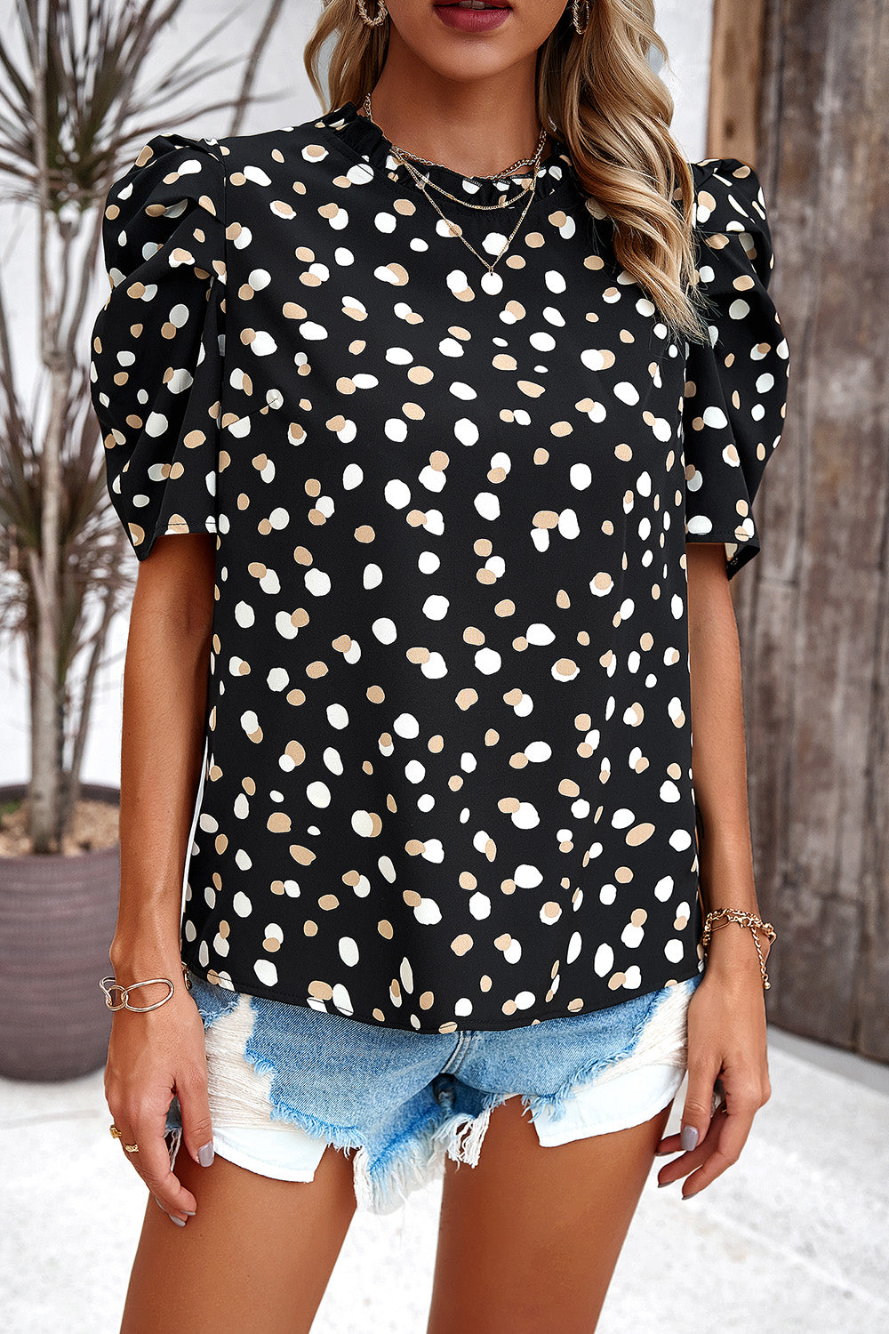 Tied Printed Puff Sleeve Blouse 