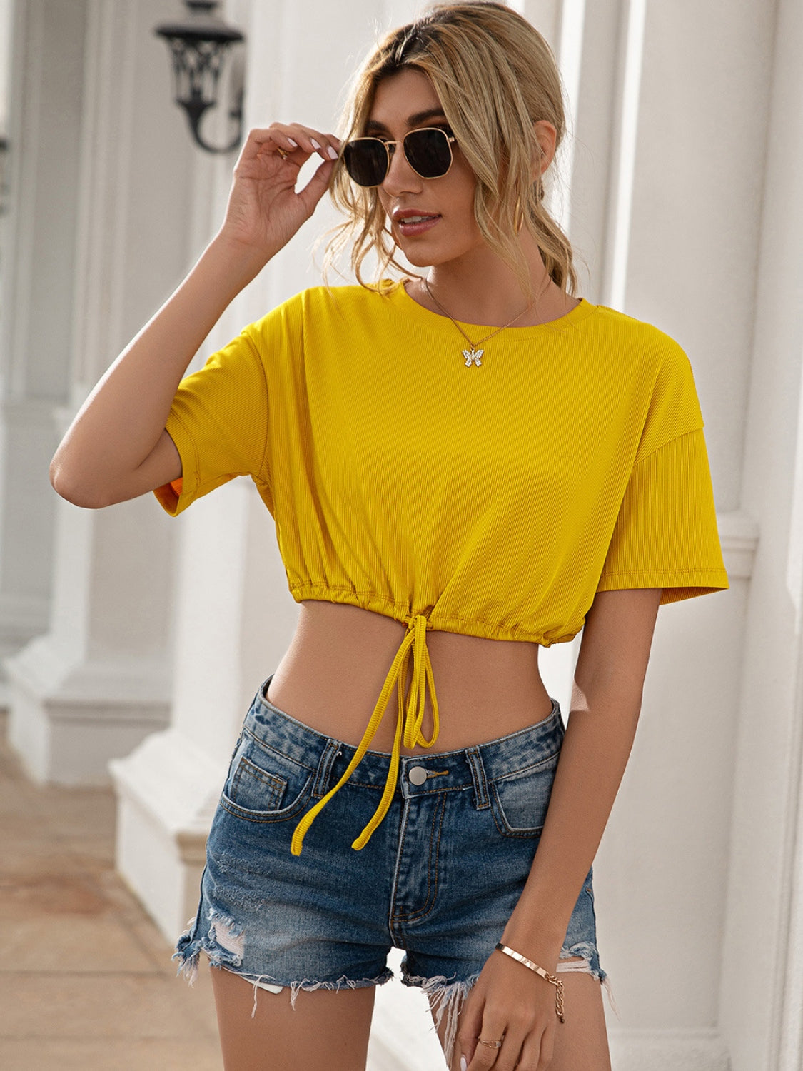 Drawstring Round Neck Short Sleeve T-Shirt 