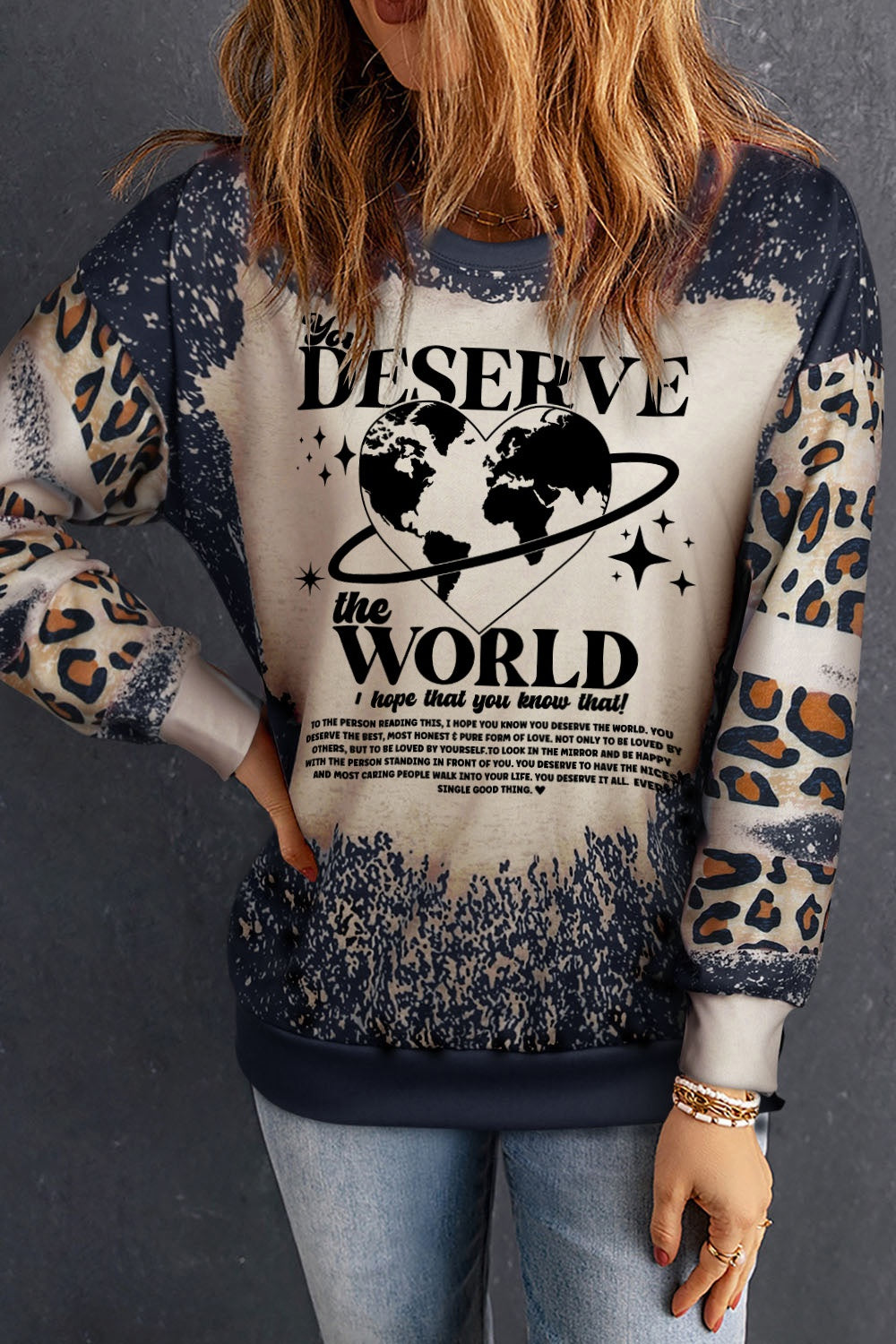 YOU DESERVE THE WORLD Leopard Round Neck Sweatshirt 