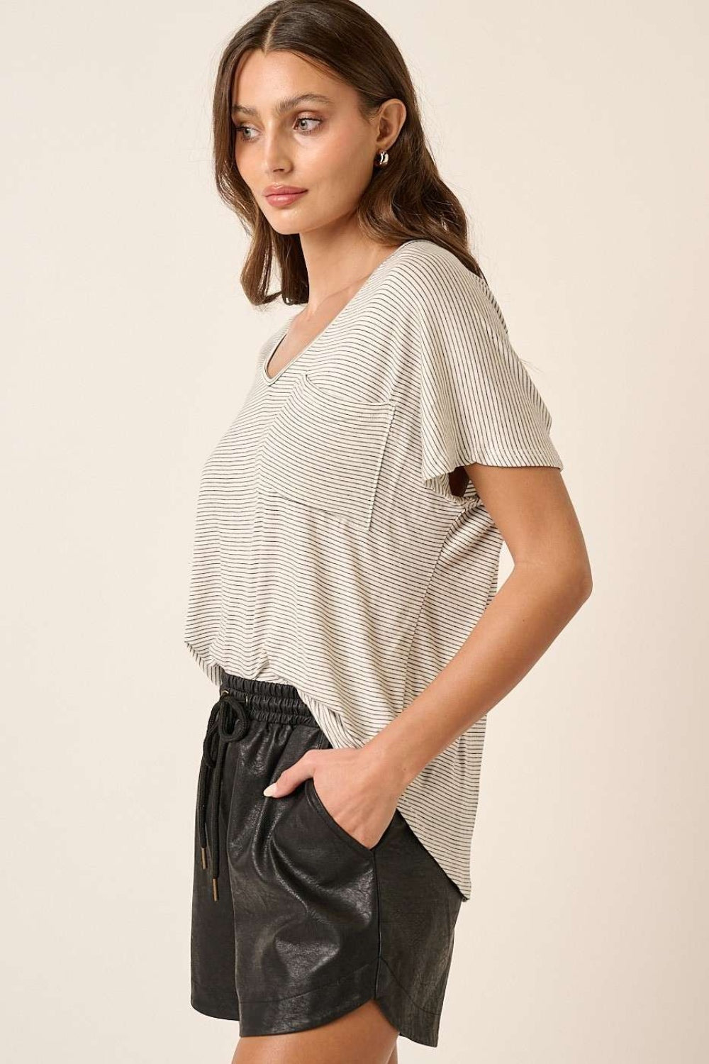 Mittoshop Striped V-Neck Short Sleeve T-Shirt 