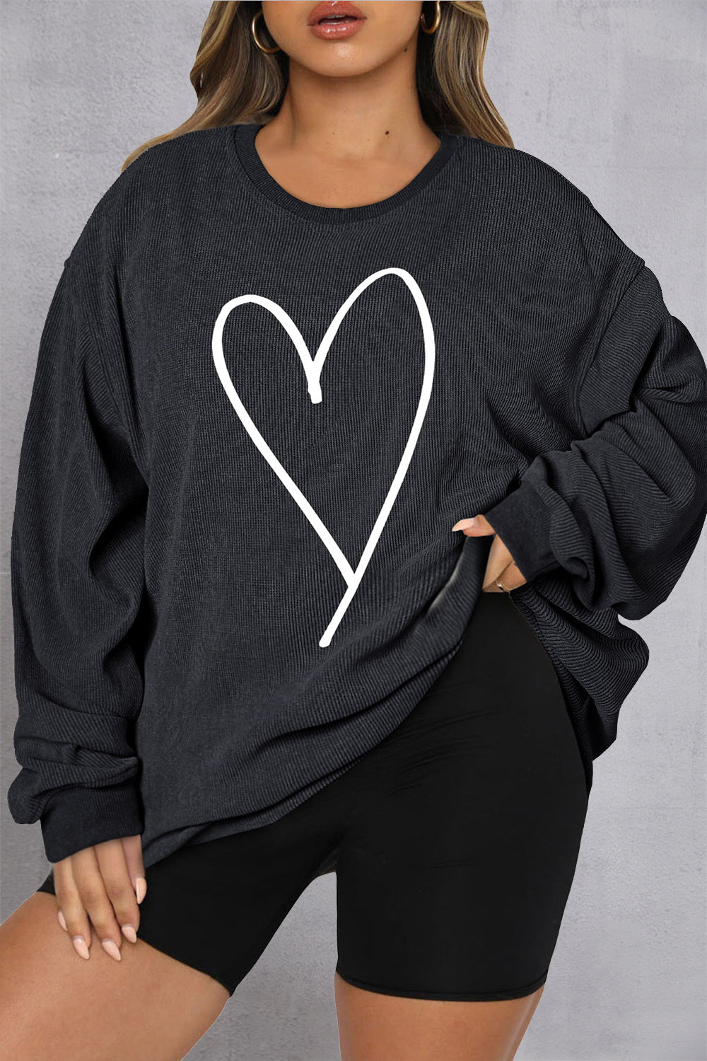 Plus Size Heart Ribbed Round Neck Sweatshirt - Babbazon sweatshirt