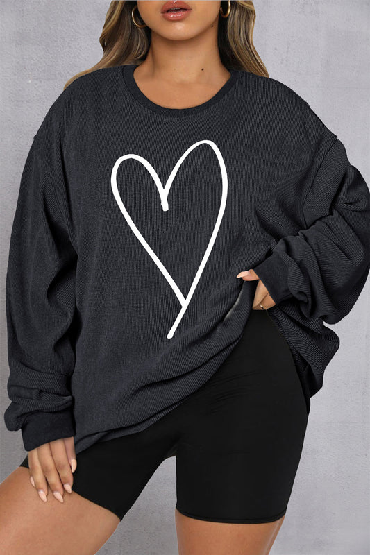 Plus Size Heart Ribbed Round Neck Sweatshirt - Babbazon sweatshirt