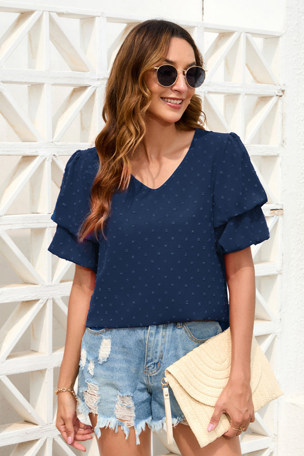 Swiss Dot V-Neck Short Sleeve Blouse 