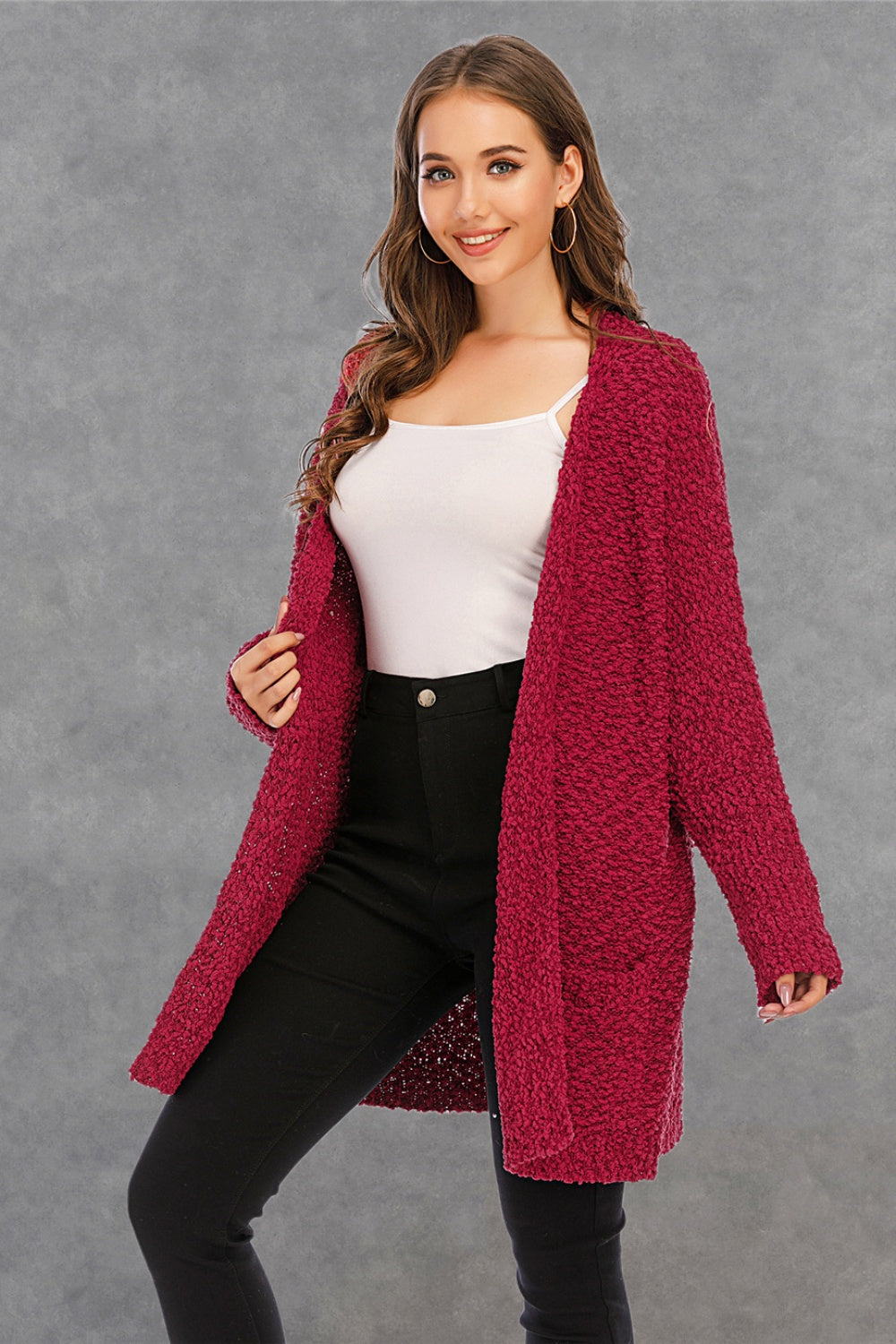 Pocketed Open Front Long Sleeve Cardigan